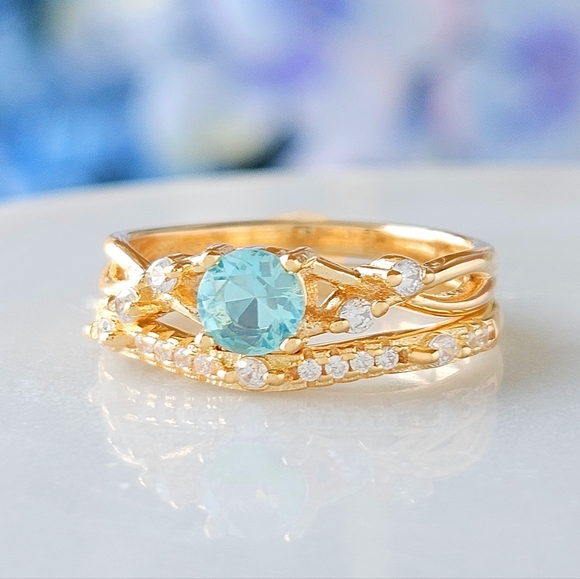 Gold and Aquamarine  Blue and Teal Gemstone Ring Set, 925 Sterling Silver - Picture 4 of 5